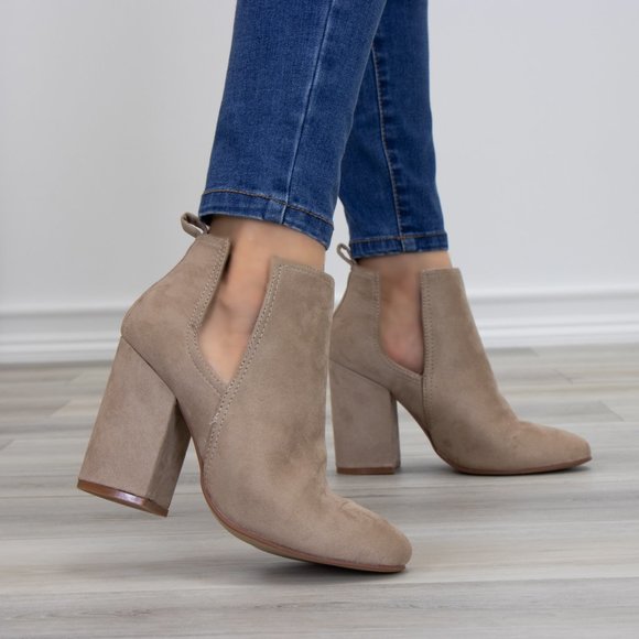 Vegan Suede Tan Cute Ankle Boots W/ Open Sides - Picture 8 of 10